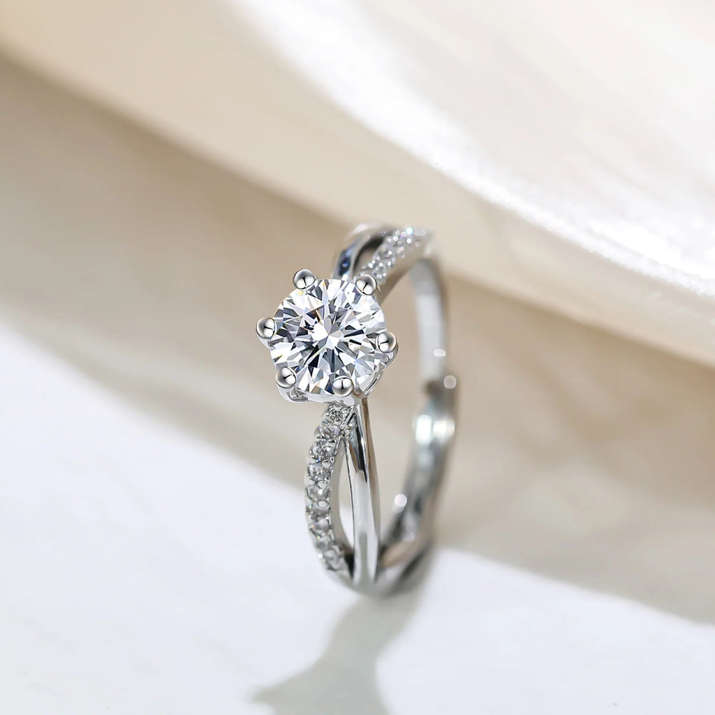 Solitaire Ring Micro-Pavé  Stones & Crisscross Band - Silver Plated White Gold