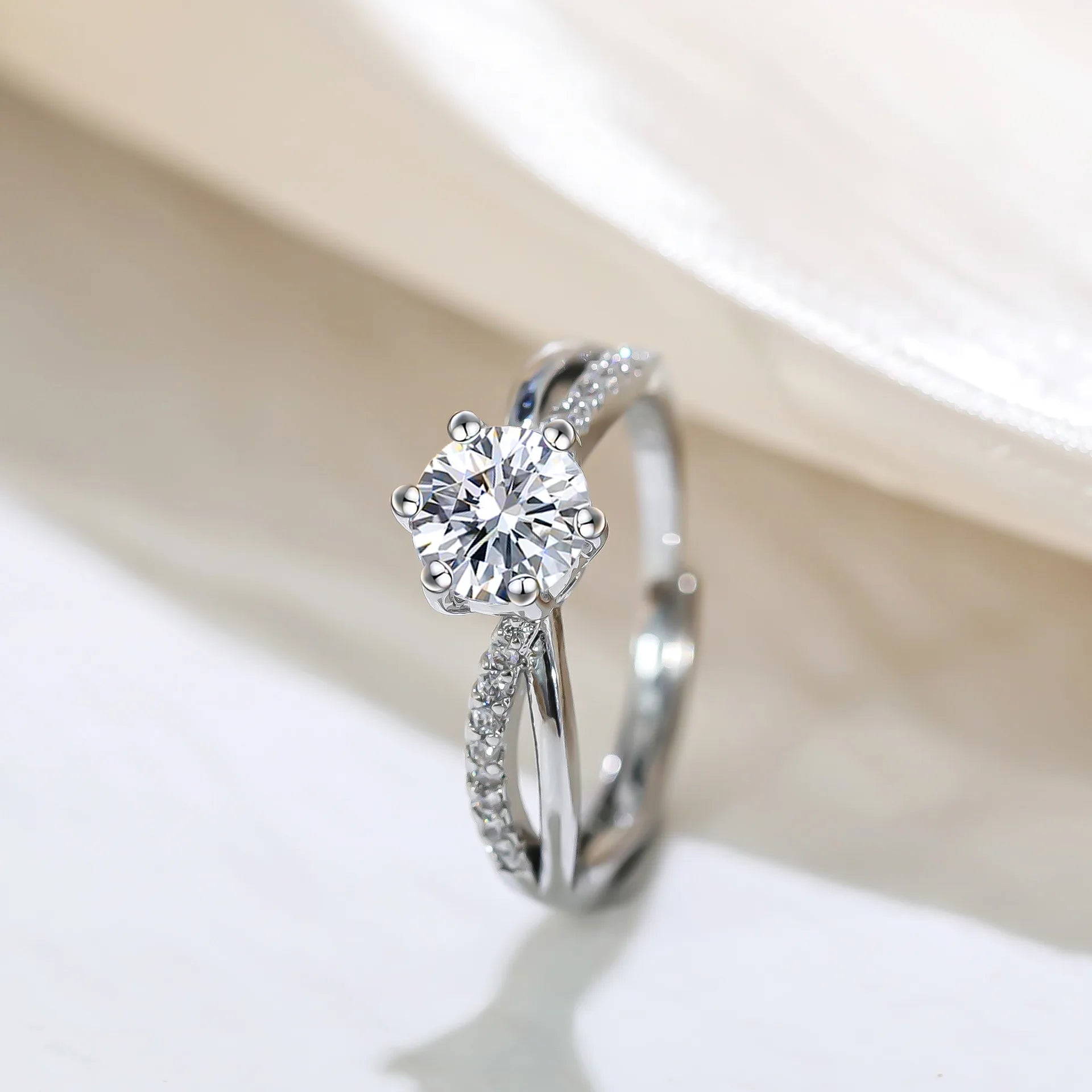 Solitaire Ring Micro-Pavé  Stones & Crisscross Band - Silver Plated White Gold