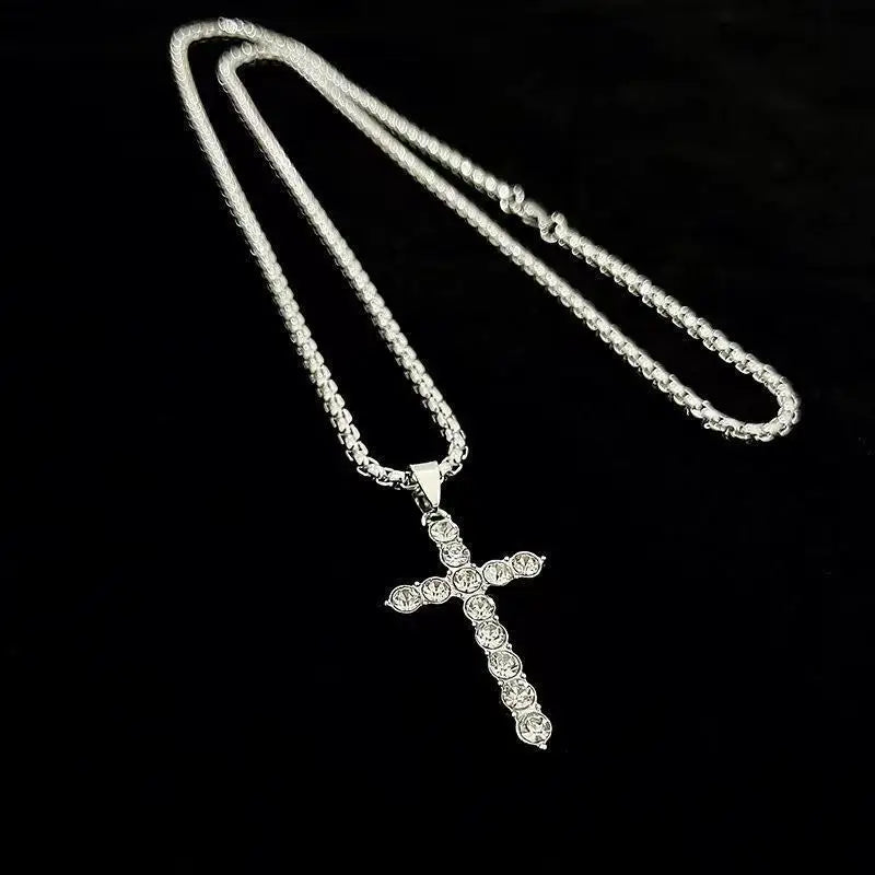 Titanium  Cross Necklace Rhinestone Pendant Chain,