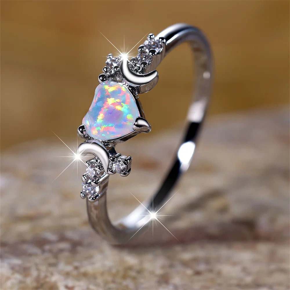 White Fire Opal Heart Stone Ring Rose Gold Silver Color