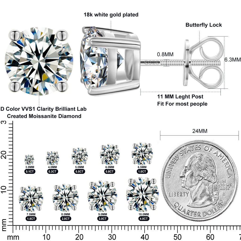sterling silver Moissanite Stud Earrings D VVS1 Round Cut Lab Diamond