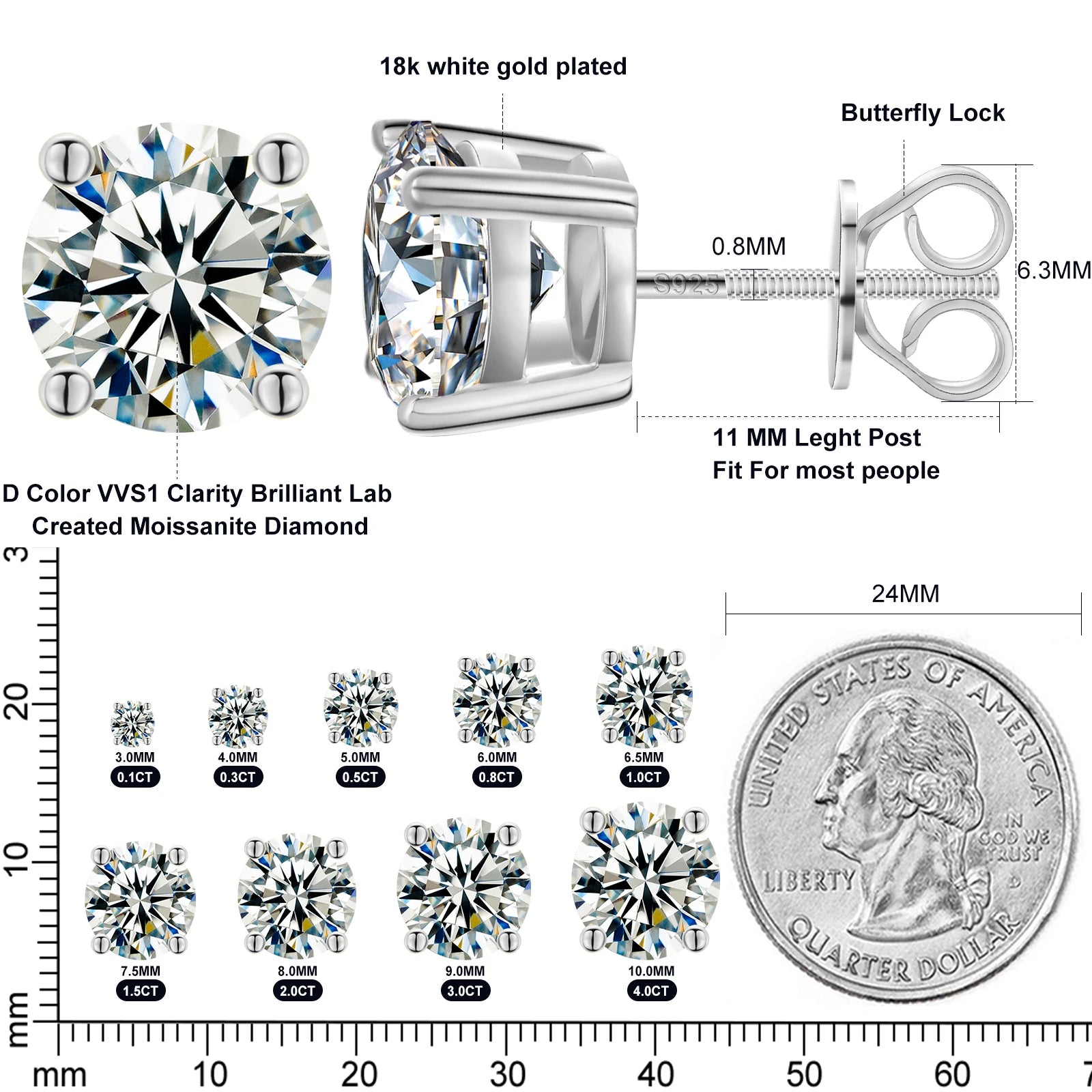 sterling silver Moissanite Stud Earrings D VVS1 Round Cut Lab Diamond