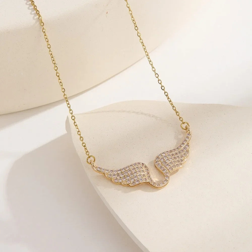 Zircon Gold Color Angel Wings Pendant Necklace