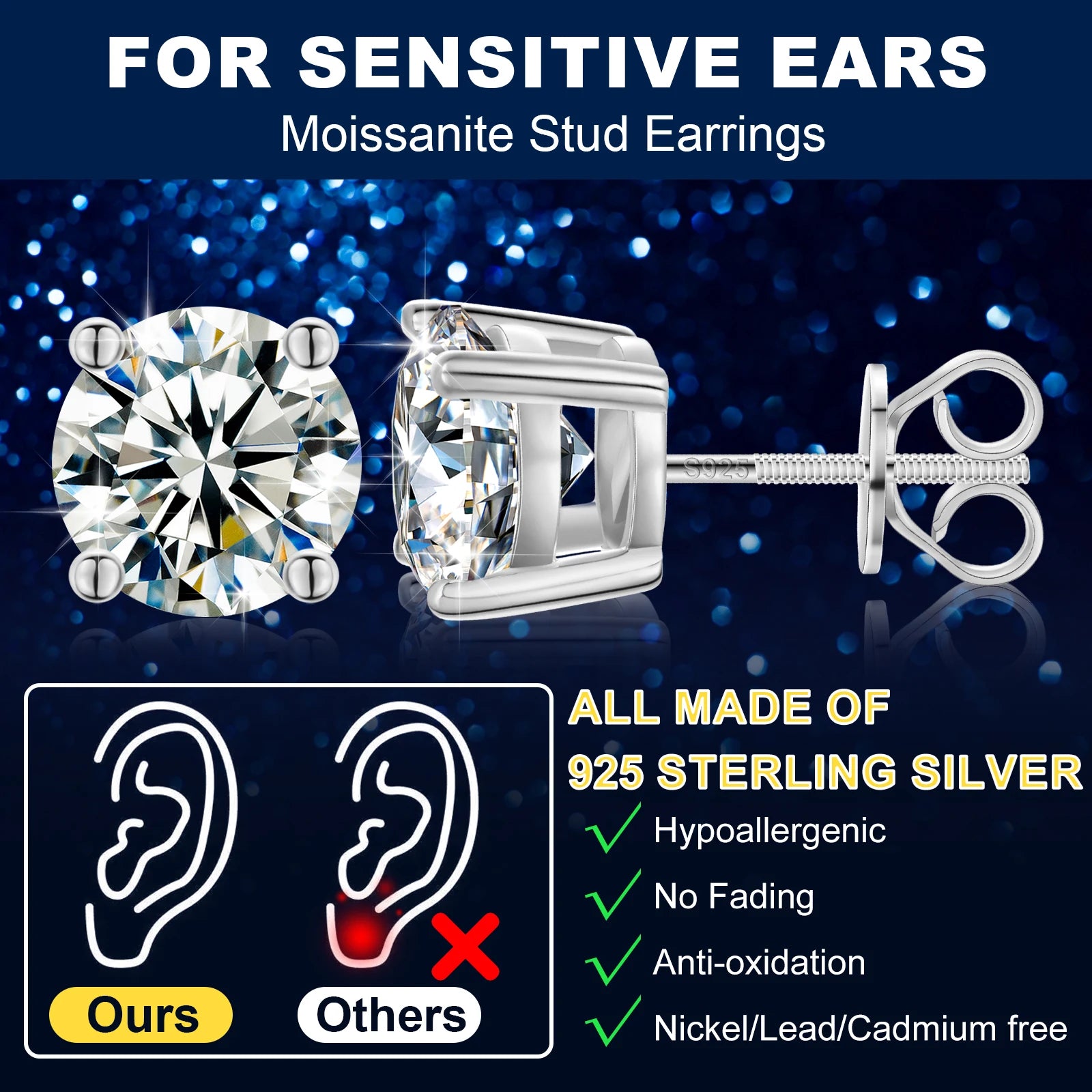 sterling silver Moissanite Stud Earrings D VVS1 Round Cut Lab Diamond