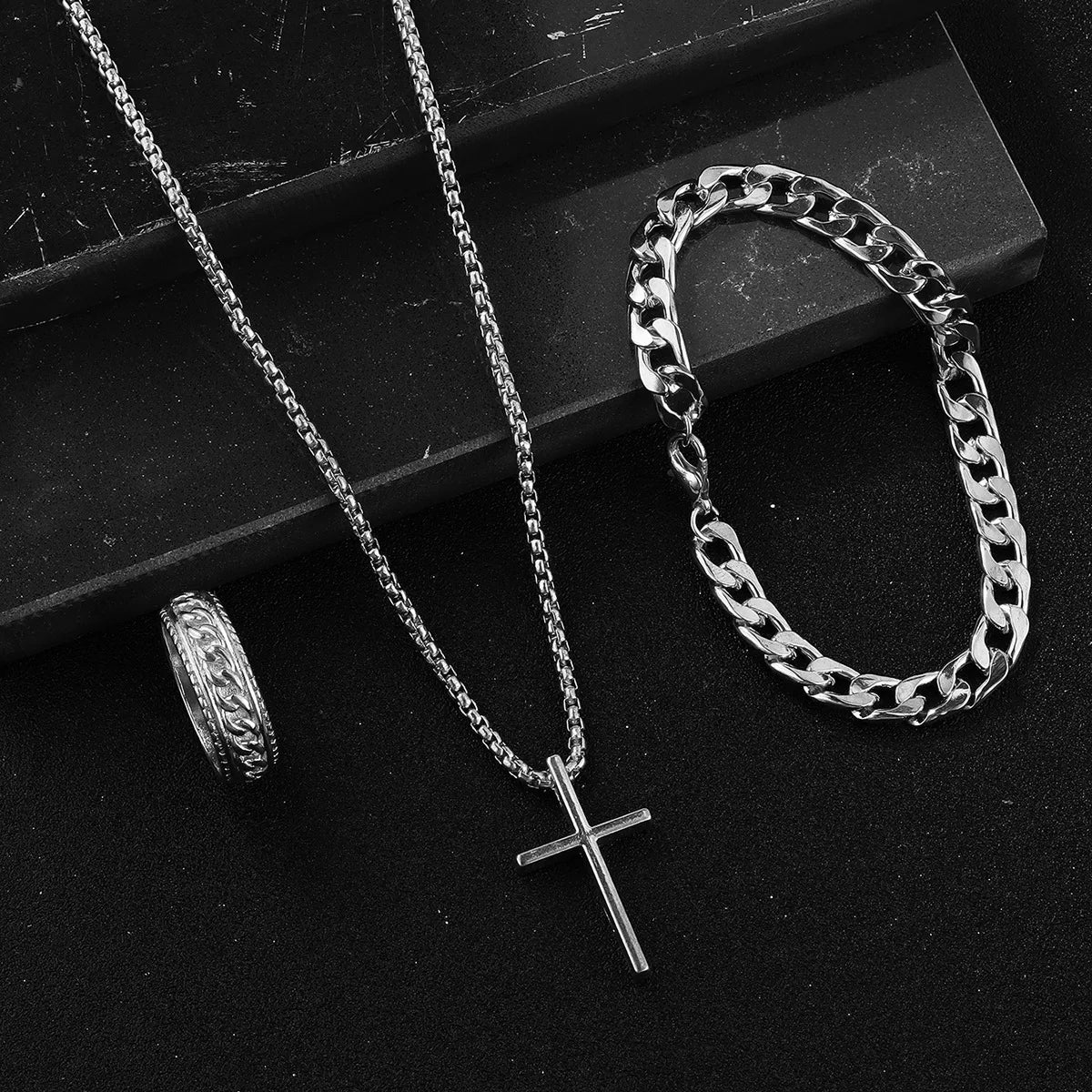 Gold/Black/Silver Cross Jewelry Set  Cuban Chain Bracelet, Ring & Pendant Necklace