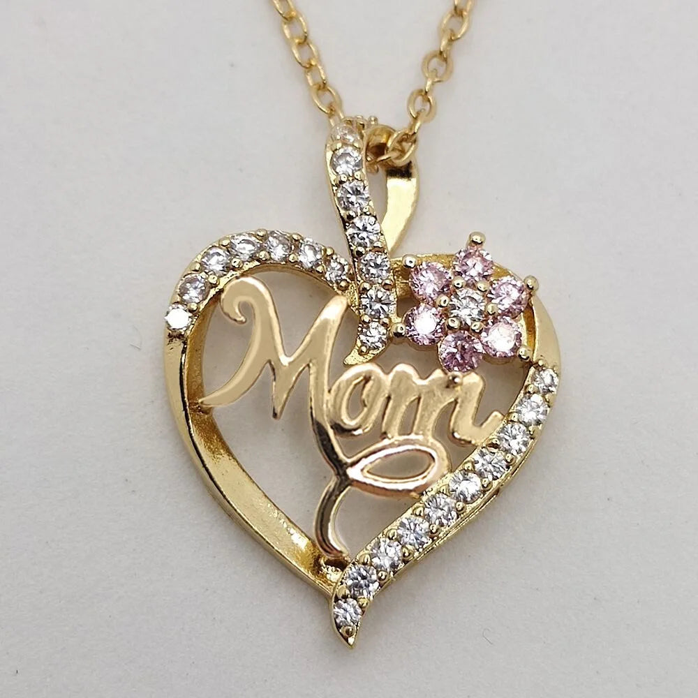 Mom Heart Necklace, Rhinestone Heart Pendant