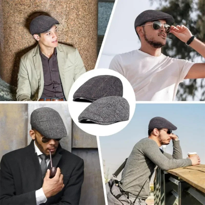 Retro Beret Wool Blend Vintage Herringbone Tweed