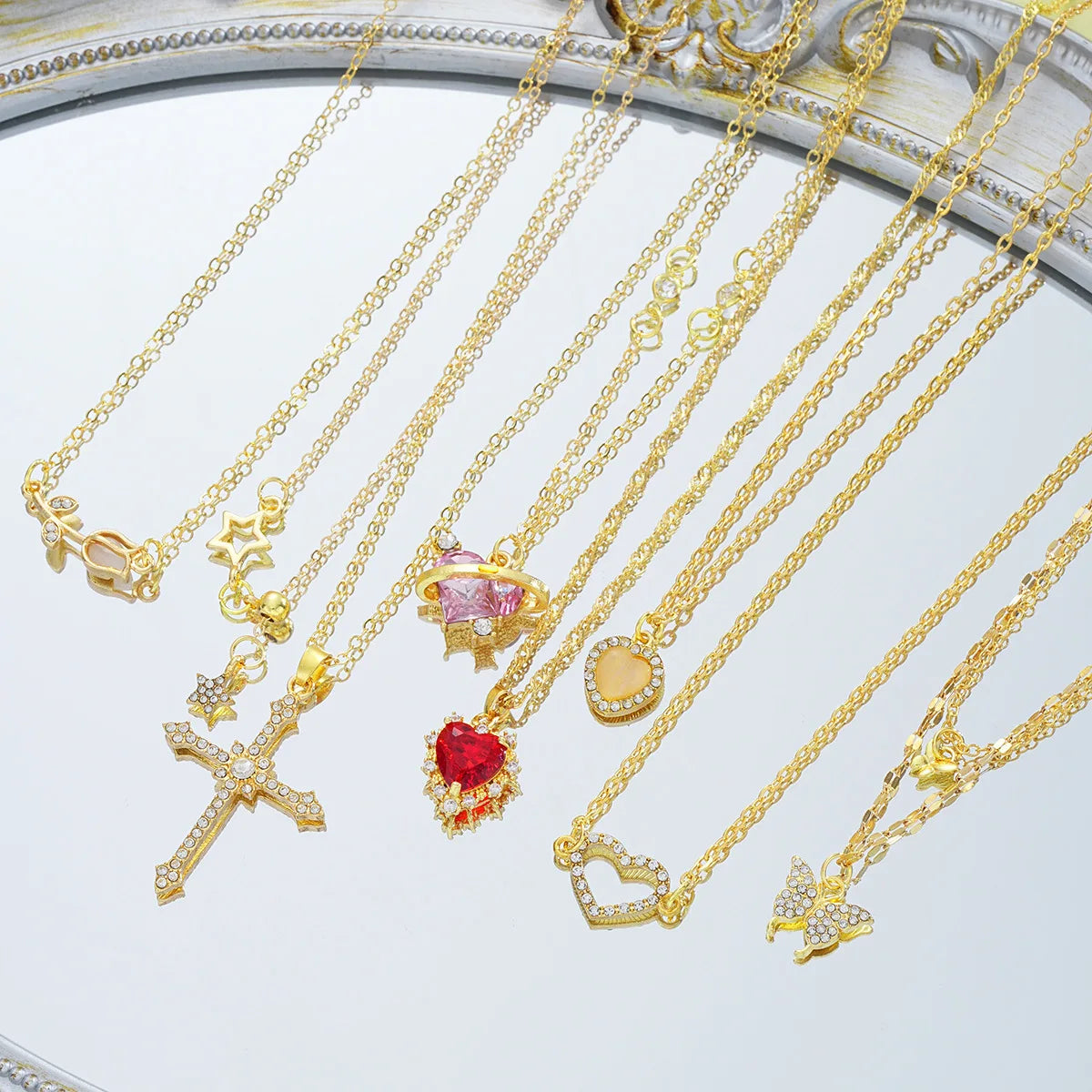 8Pcs Gold Plated Crystal Pendant Necklace Set