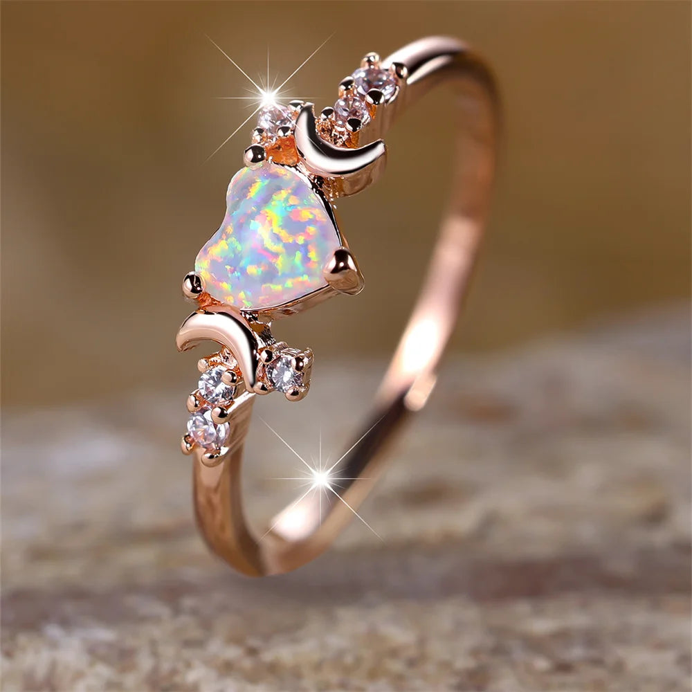White Fire Opal Heart Stone Ring Rose Gold Silver Color