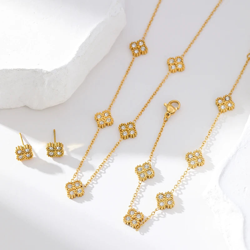 Clover Zircon Necklace Bracelet Earrings Set