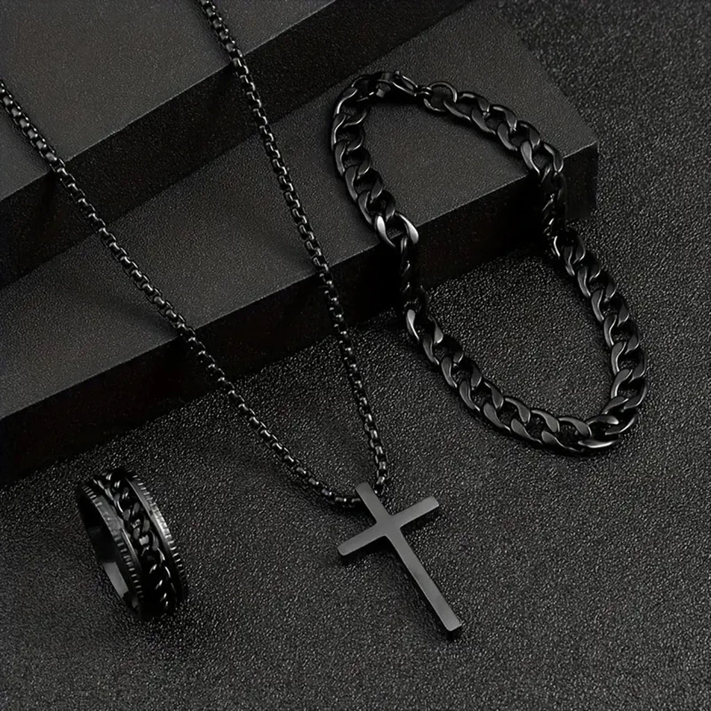 Stainless Steel Cross  Necklace  Cuban Link Bracelet  Engraved Band Ring
