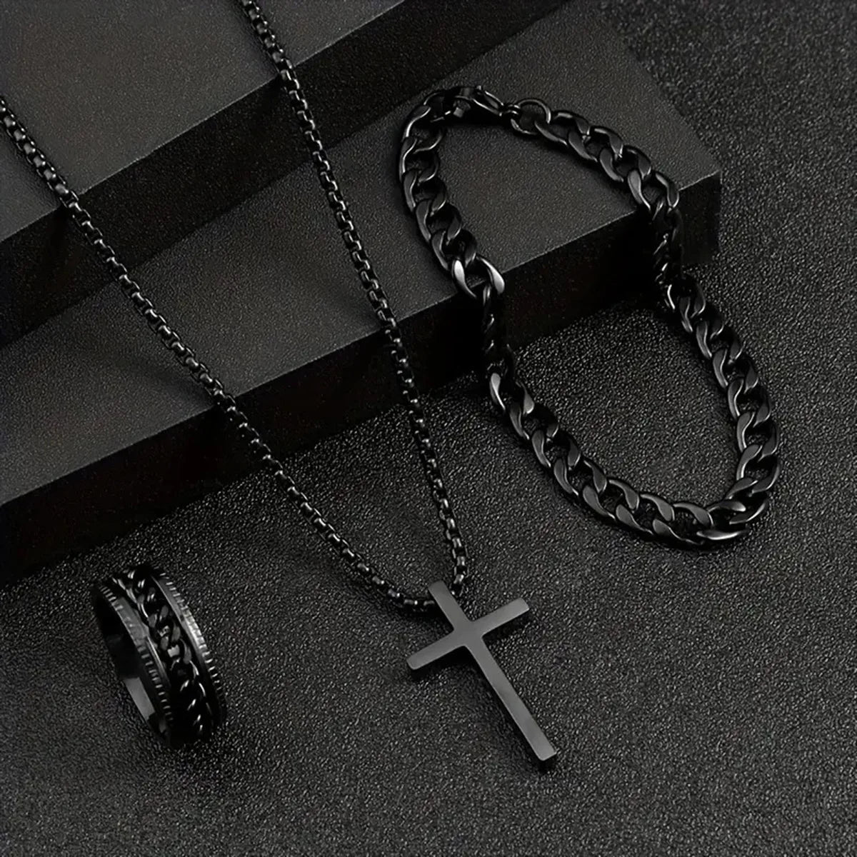 Stainless Steel Cross  Necklace  Cuban Link Bracelet  Engraved Band Ring
