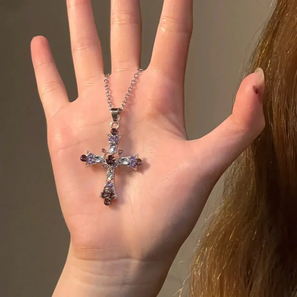 Cross  Pink Purple Zircon Necklace