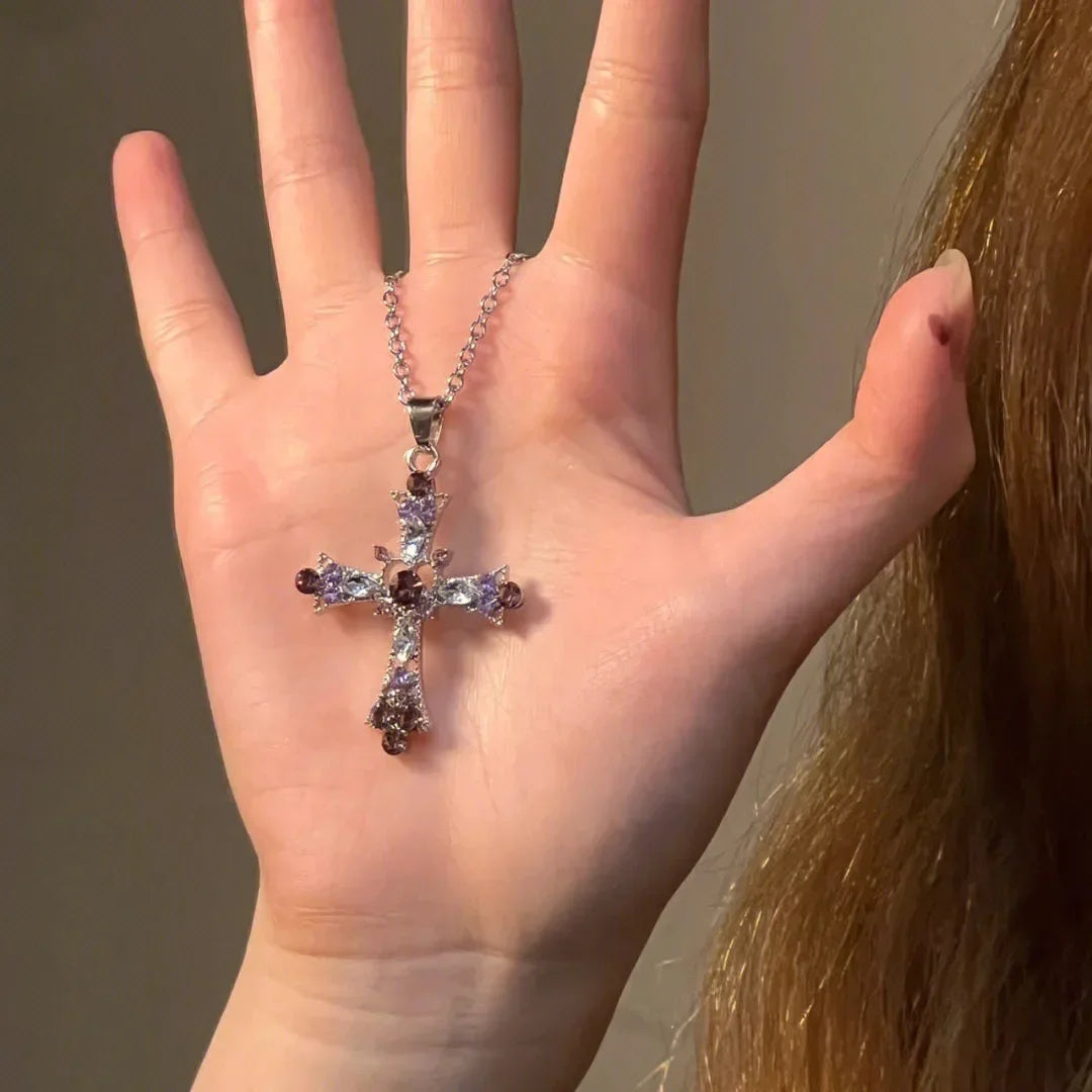 Cross  Pink Purple Zircon Necklace