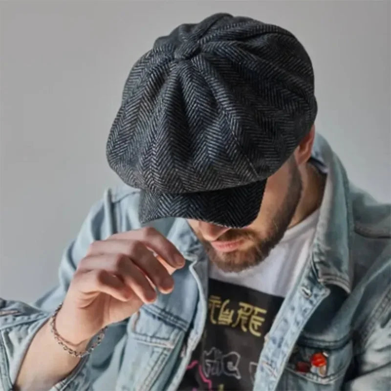 Retro Beret Wool Blend Vintage Herringbone Tweed