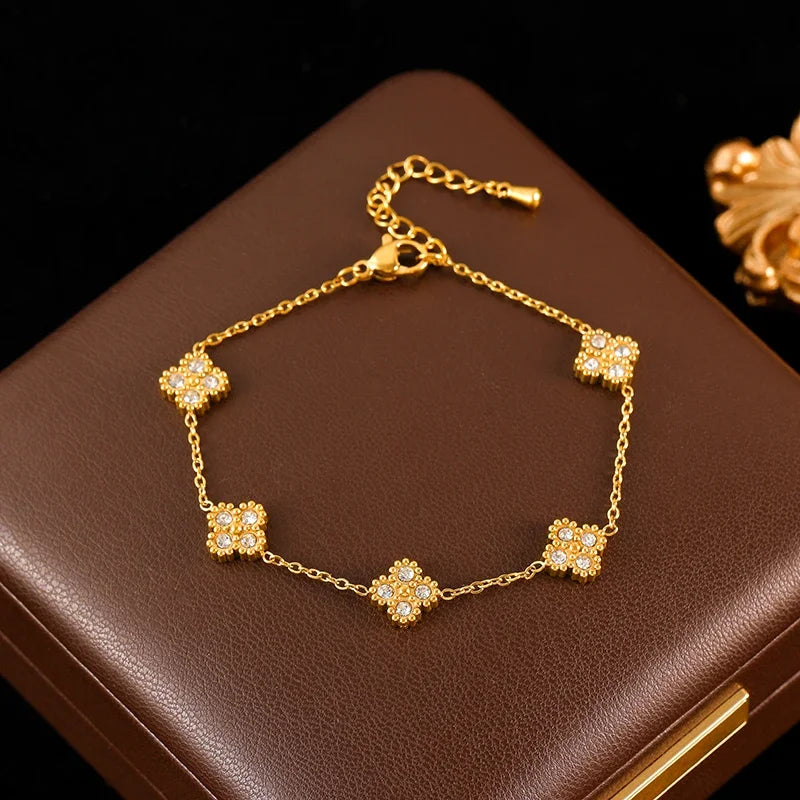 Clover Zircon Necklace Bracelet Earrings Set