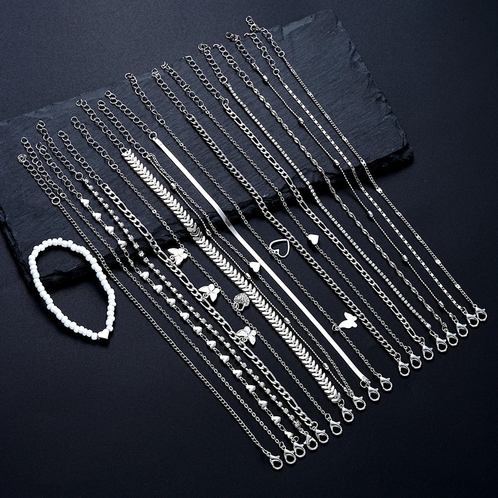 19Pcs/Set New Design Silver Color Anklet Sets for Women Fashion Pearl Butterfly Heart Crystal Foot Chain Versatile Daily Jewelry