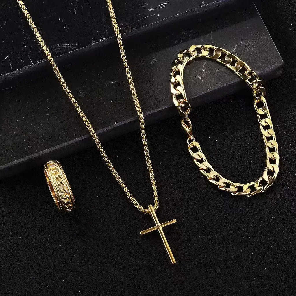 Stainless Steel Cross  Necklace  Cuban Link Bracelet  Engraved Band Ring