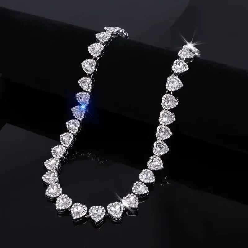 45CM New Hip Hop Tennis Chain Bracelet Necklace Shiny Heart Rhinestone CZ Fashion Rock Party Jewelry