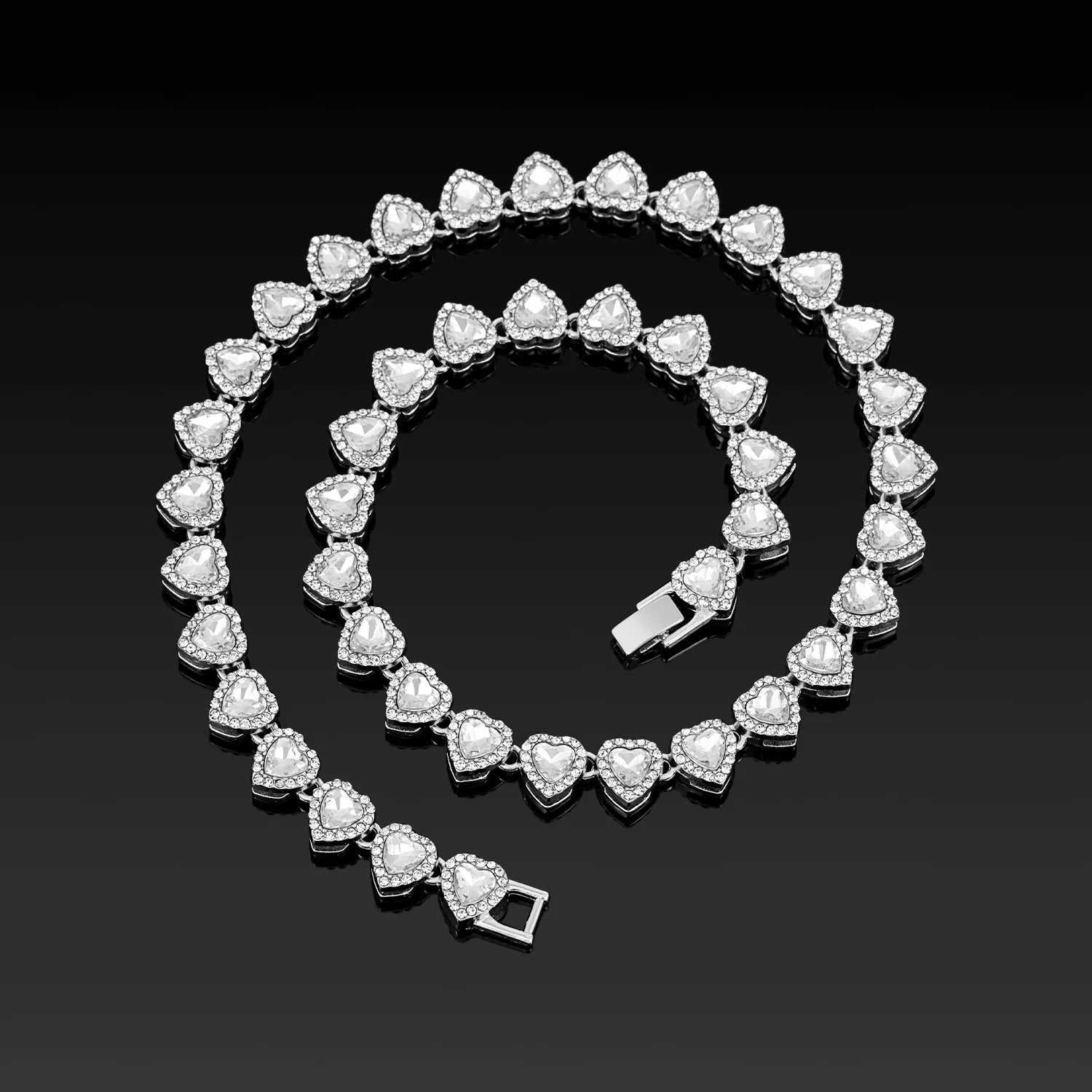45CM New Hip Hop Tennis Chain Bracelet Necklace Shiny Heart Rhinestone CZ Fashion Rock Party Jewelry