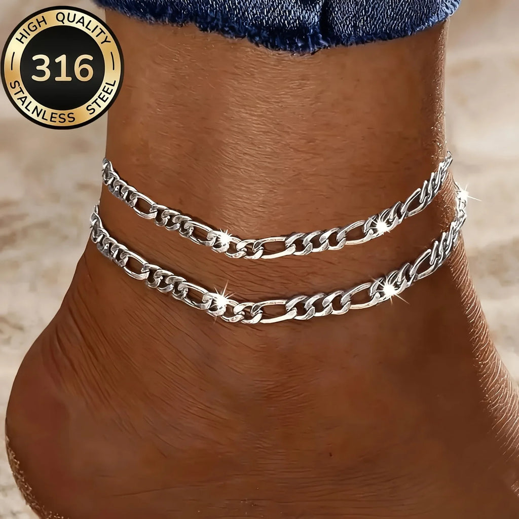 2-Piece Set of High-Quality 316 Stainless Steel Women's Anklets, Hypoallergenic & Waterproof, Stylish and Durable Everyday Wear