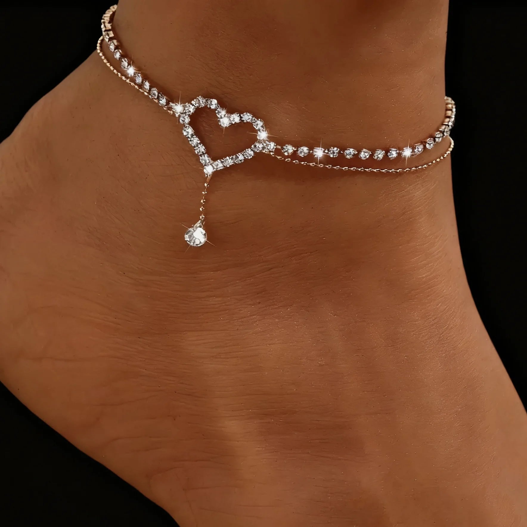 Hot-Selling Light Luxury High-End Super Shiny Full Diamond Heart Double-Layer Foot Jewelry Fashionable Sparkling Rhinestone Anklet