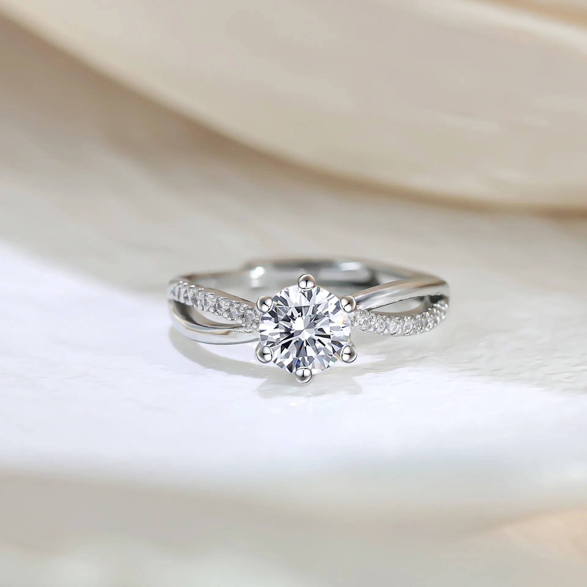 Solitaire Ring Micro-Pavé  Stones & Crisscross Band - Silver Plated White Gold