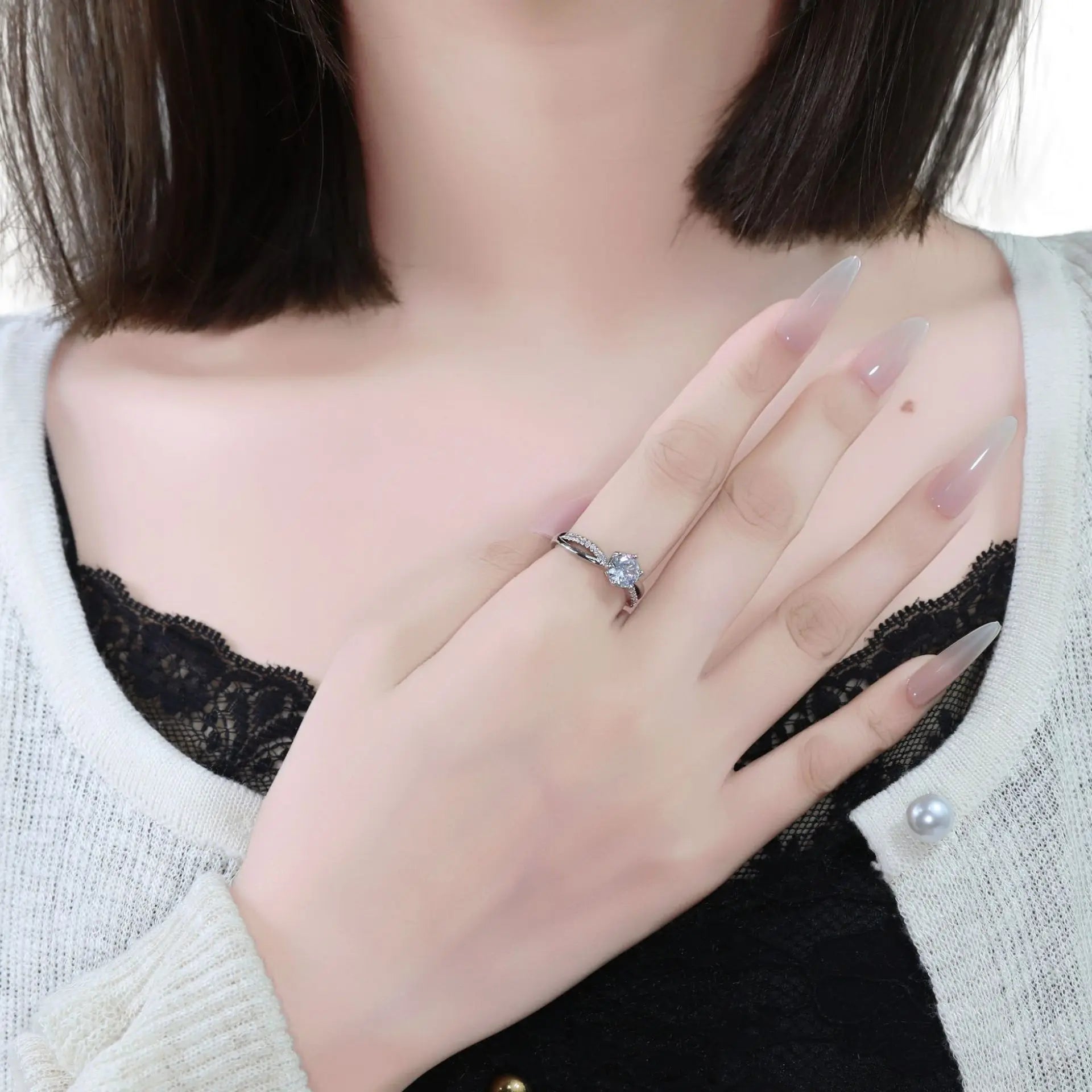 Solitaire Ring Micro-Pavé  Stones & Crisscross Band - Silver Plated White Gold