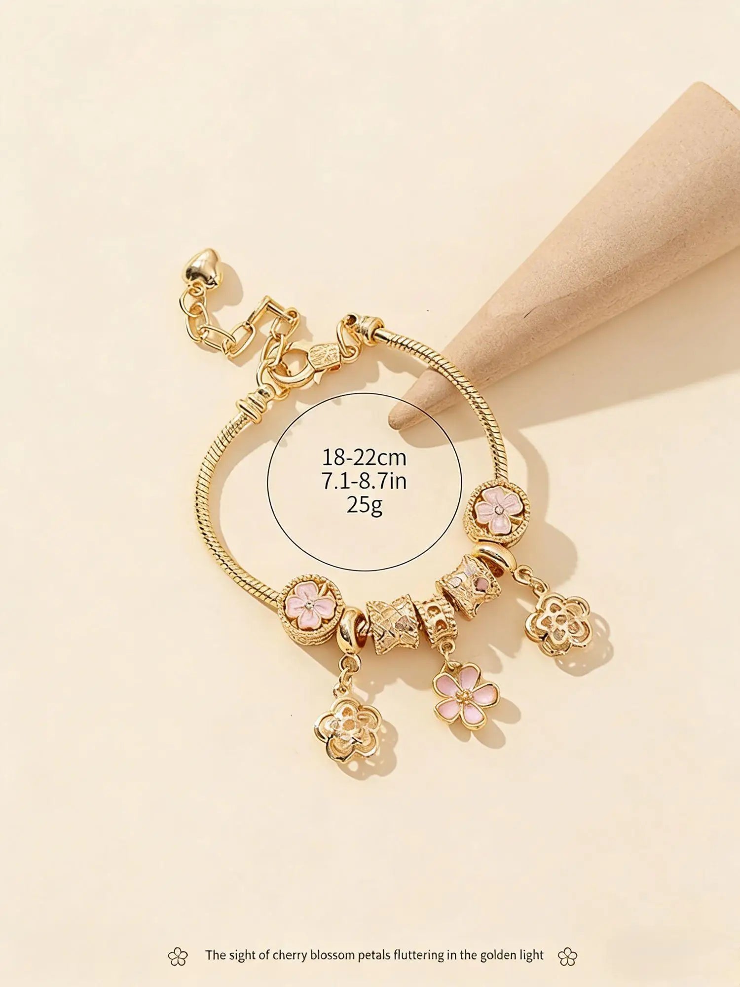 Pink Flower Charm Bracelet  Gold Color Beaded Adjustable