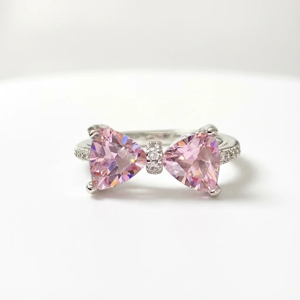 Pink Crystal Bow Knot Ring - Silver Plated Adjustable