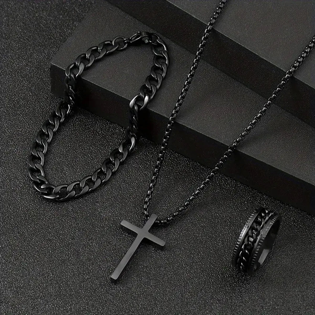 Gold/Black/Silver Cross Jewelry Set  Cuban Chain Bracelet, Ring & Pendant Necklace