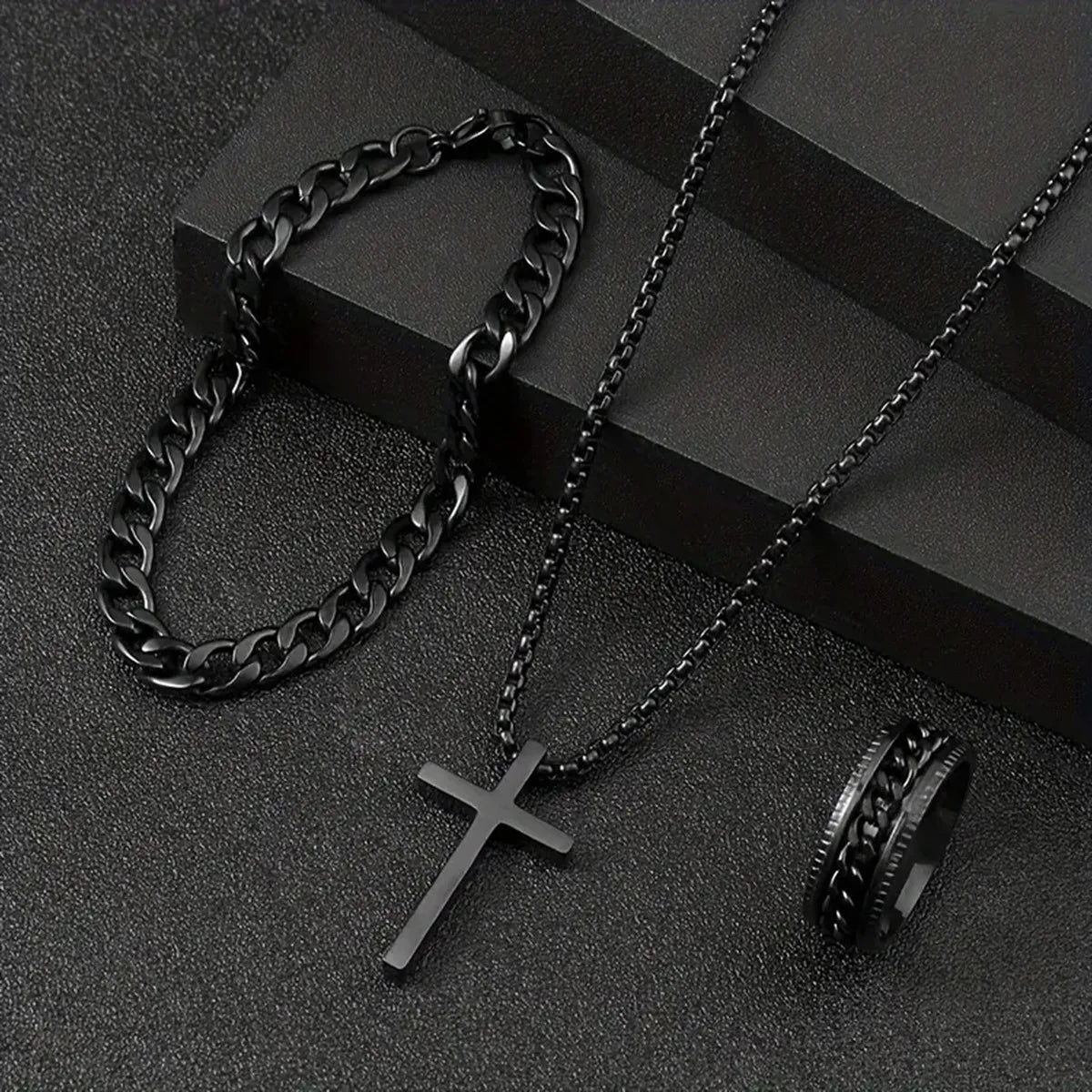 Gold/Black/Silver Cross Jewelry Set  Cuban Chain Bracelet, Ring & Pendant Necklace