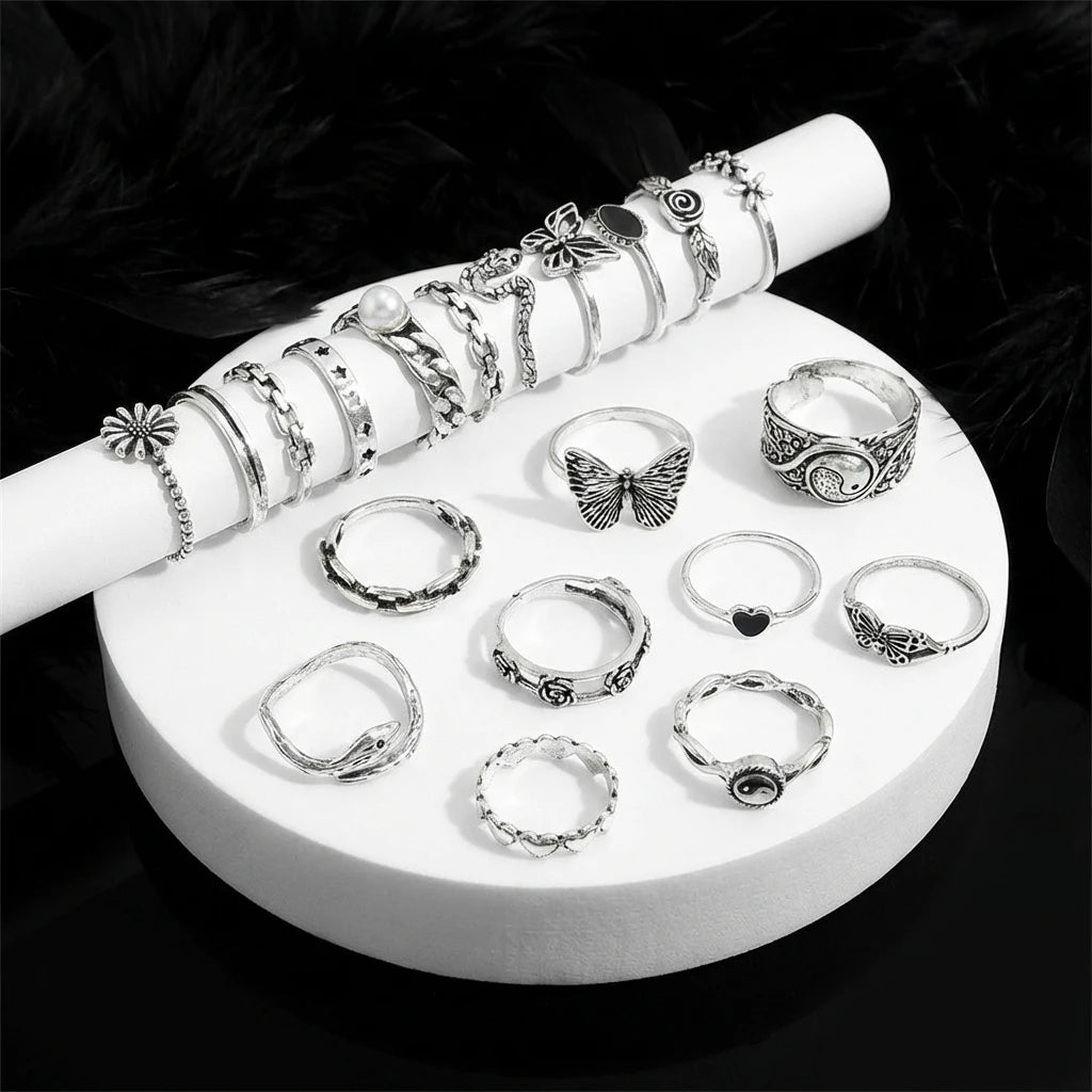 Best Selling 21-Piece Vintage Distressed Ring Set, Dark Style Butterfly & Flower Rings, Edgy Minimalist Accessory Gift
