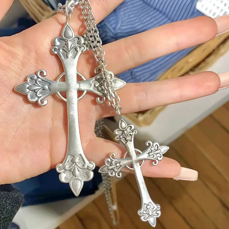 Gothic Rose Cross Pendants Necklace for Women Silver Cross Choker Y2k Hip Hop Necklace Sweater Chain Gifts