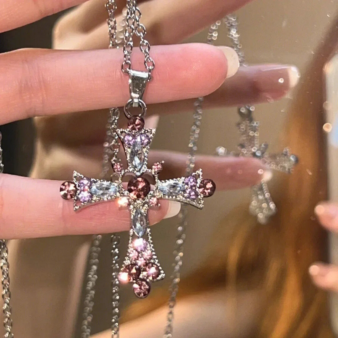 Cross  Pink Purple Zircon Necklace
