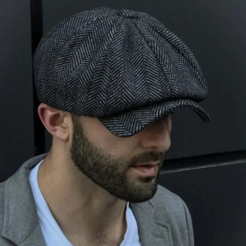 Retro Beret Wool Blend Vintage Herringbone Tweed
