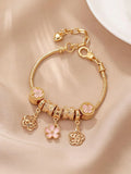 Pink Flower Charm Bracelet  Gold Color Beaded Adjustable
