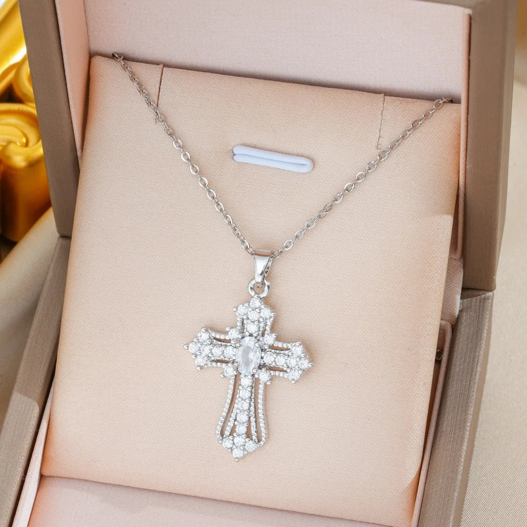 Zircon Cross Necklace  Copper  Pendant Chain