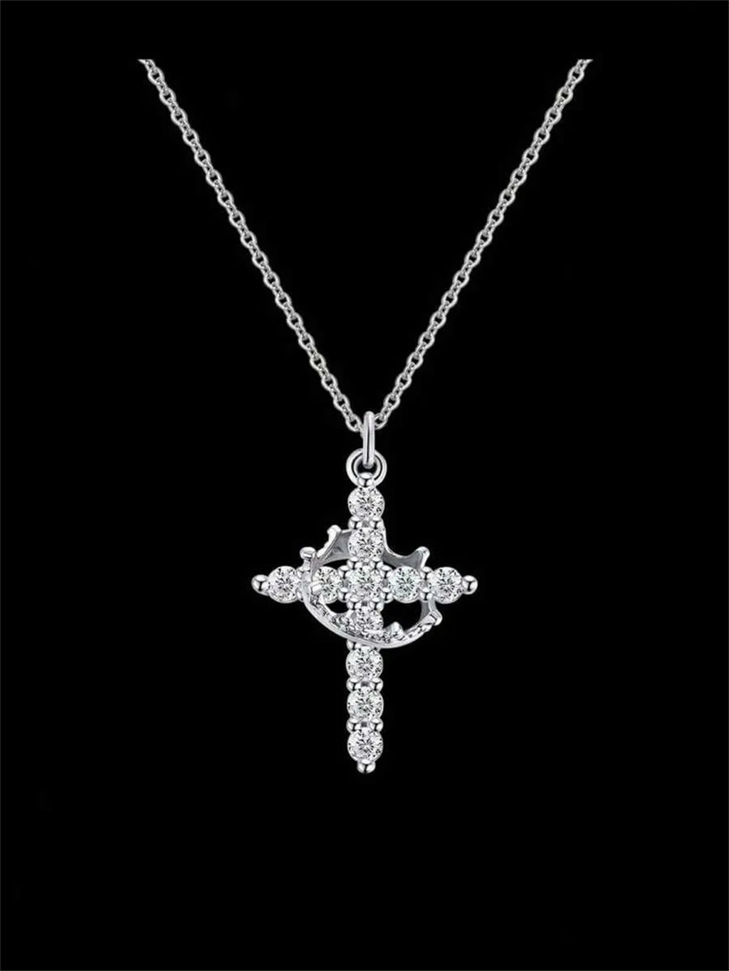 Crown Cross Necklace 14K Gold Plated Diamond Pendant