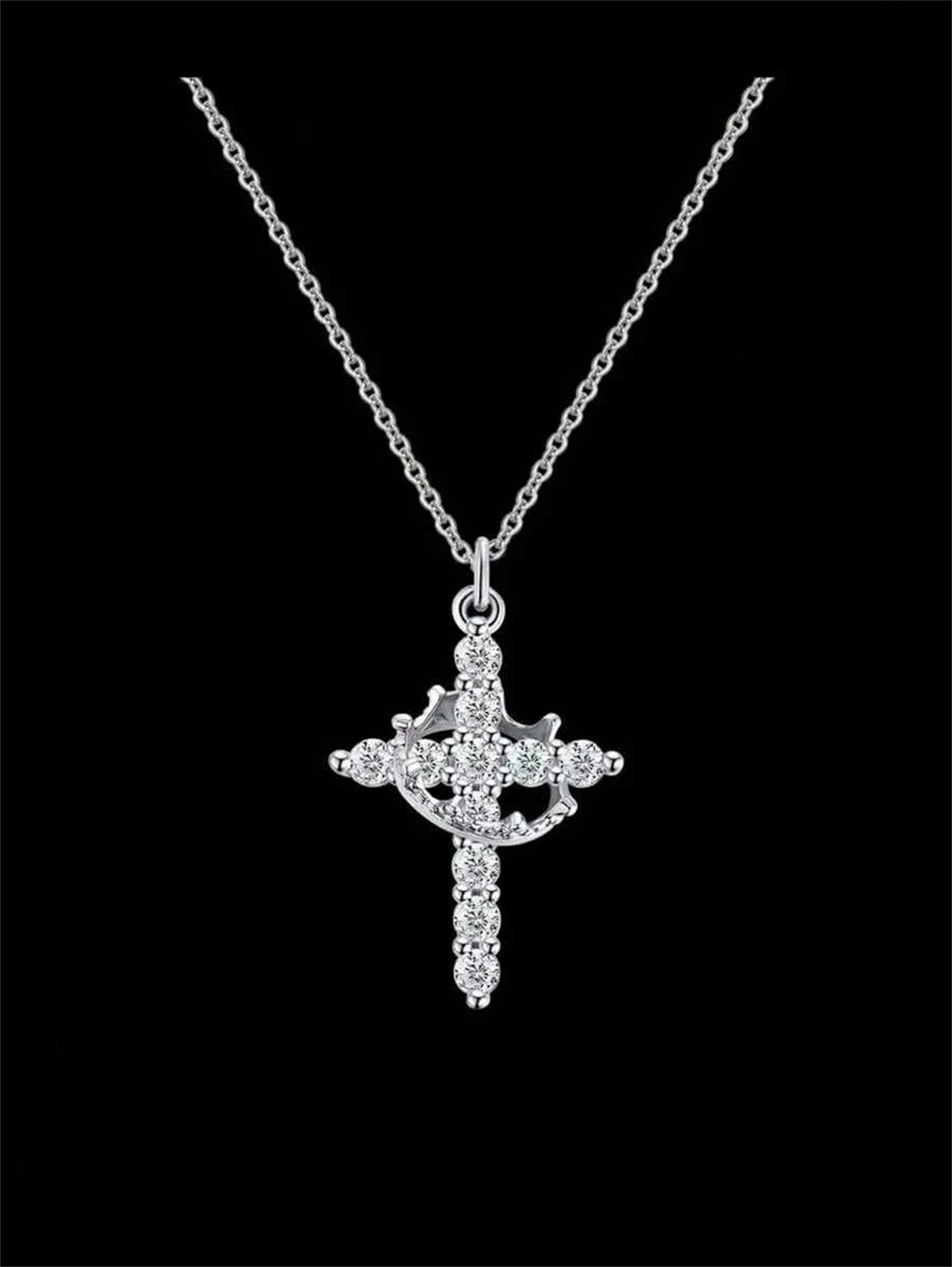 Crown Cross Necklace 14K Gold Plated Diamond Pendant