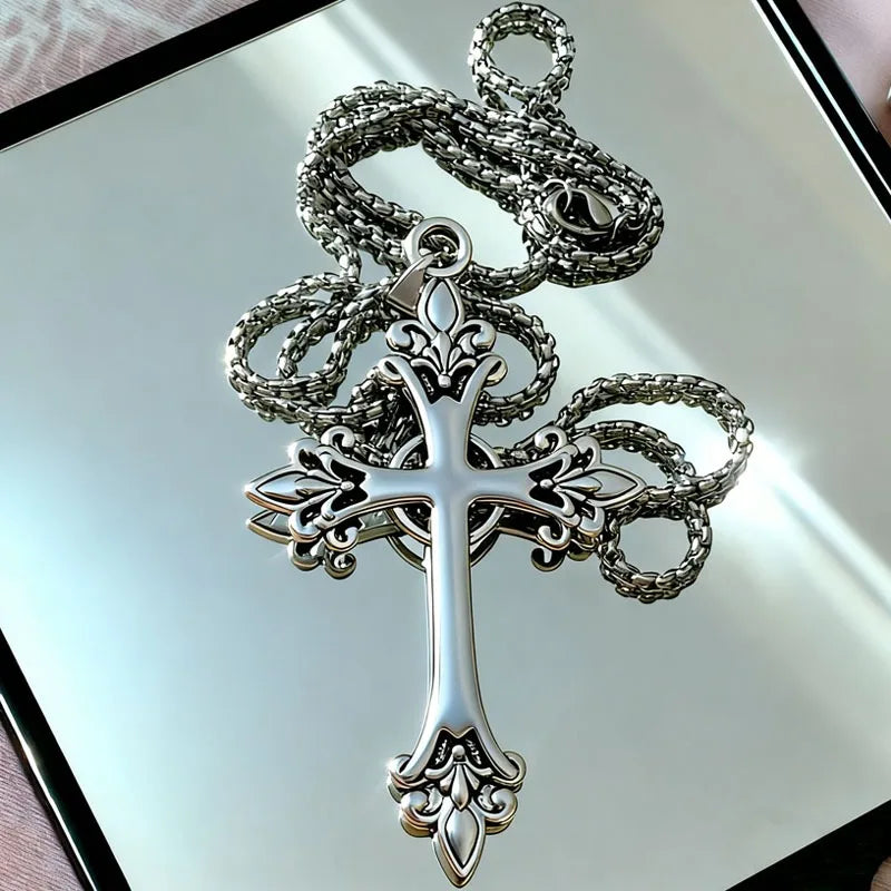 Gothic Rose Cross Pendants Necklace for Women Silver Cross Choker Y2k Hip Hop Necklace Sweater Chain Gifts