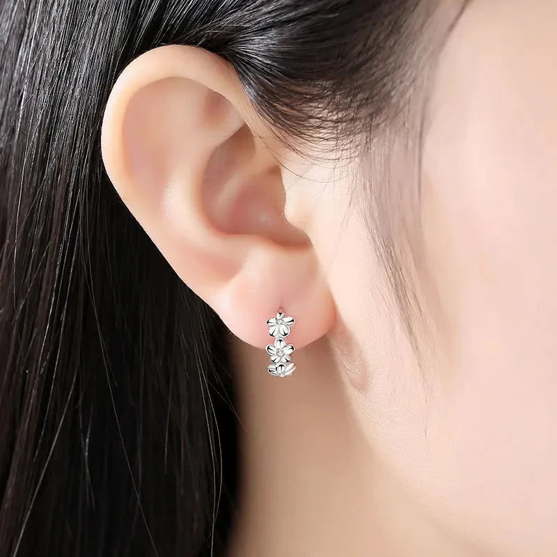 925 Sterling Silver Needle Earrings Crystal Zircon Flower  Stud