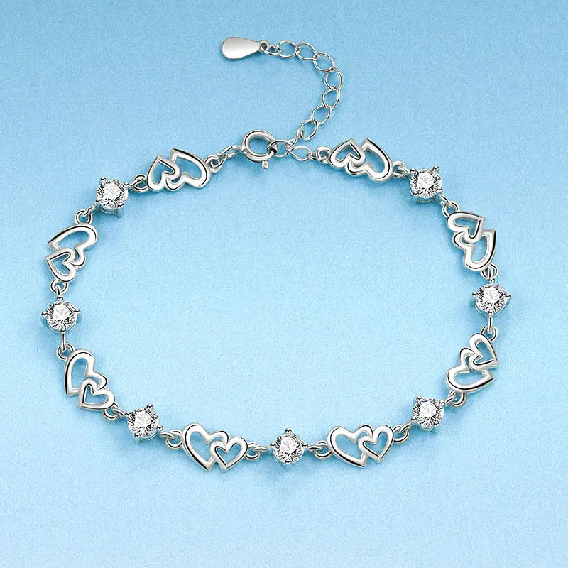 925 Sterling Silver Double Layered Heart-shaped Bracelet